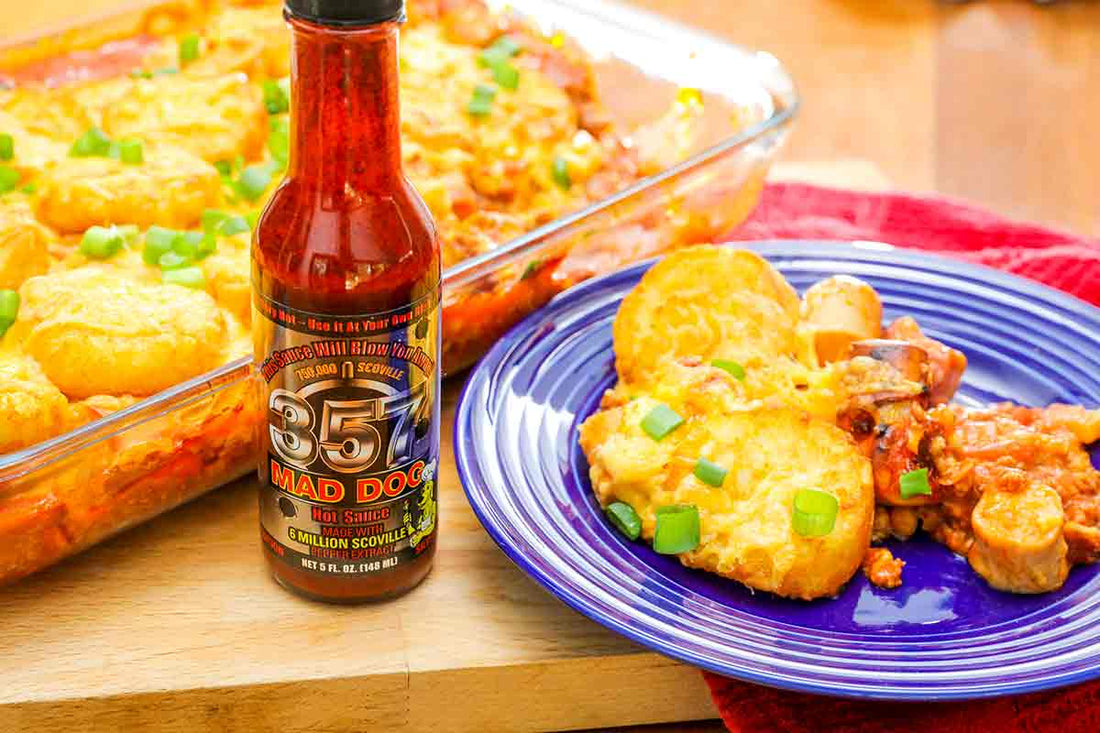 Chili Cheesy Hot Dog Hash Brown Bake