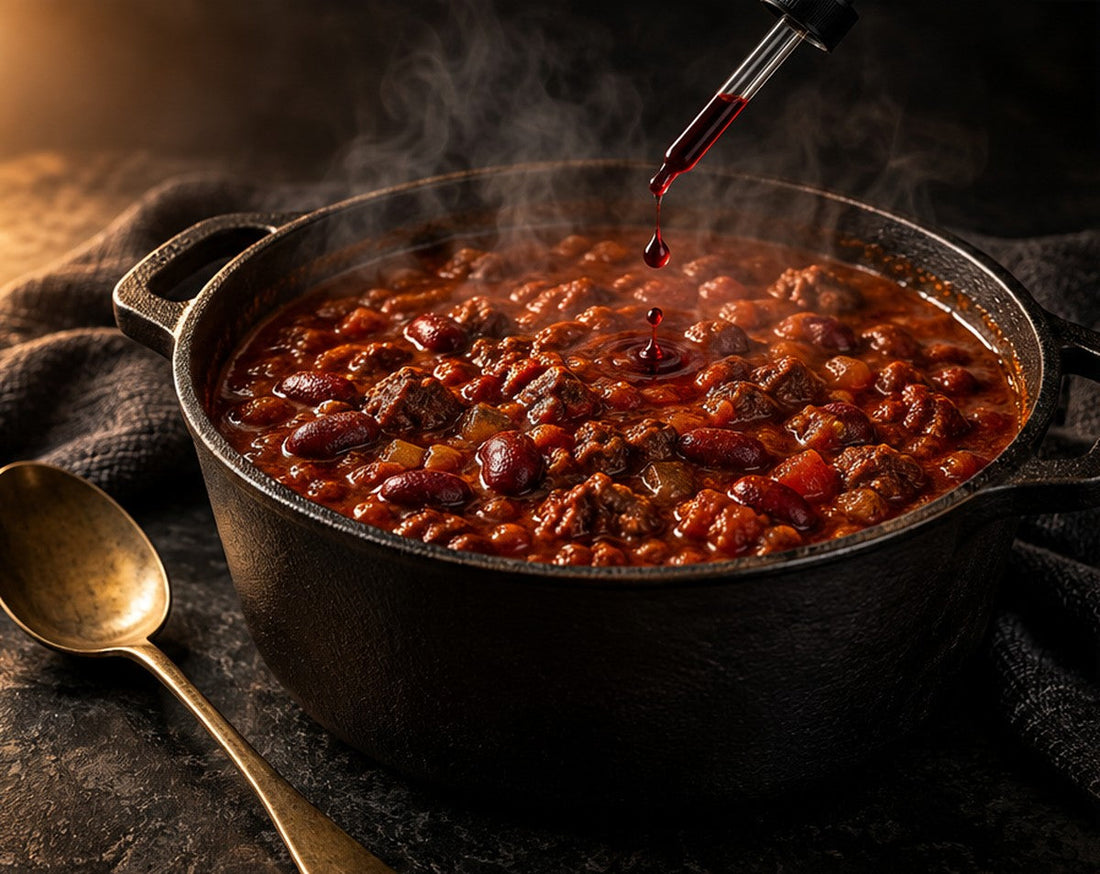 A single drop of pepper extract falling into a cast-iron pot of beef and bean chili