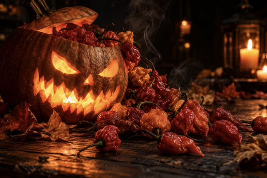 Glowing jack-o'-lantern spilling red ghost peppers and scorpion peppers onto a dark wooden table
