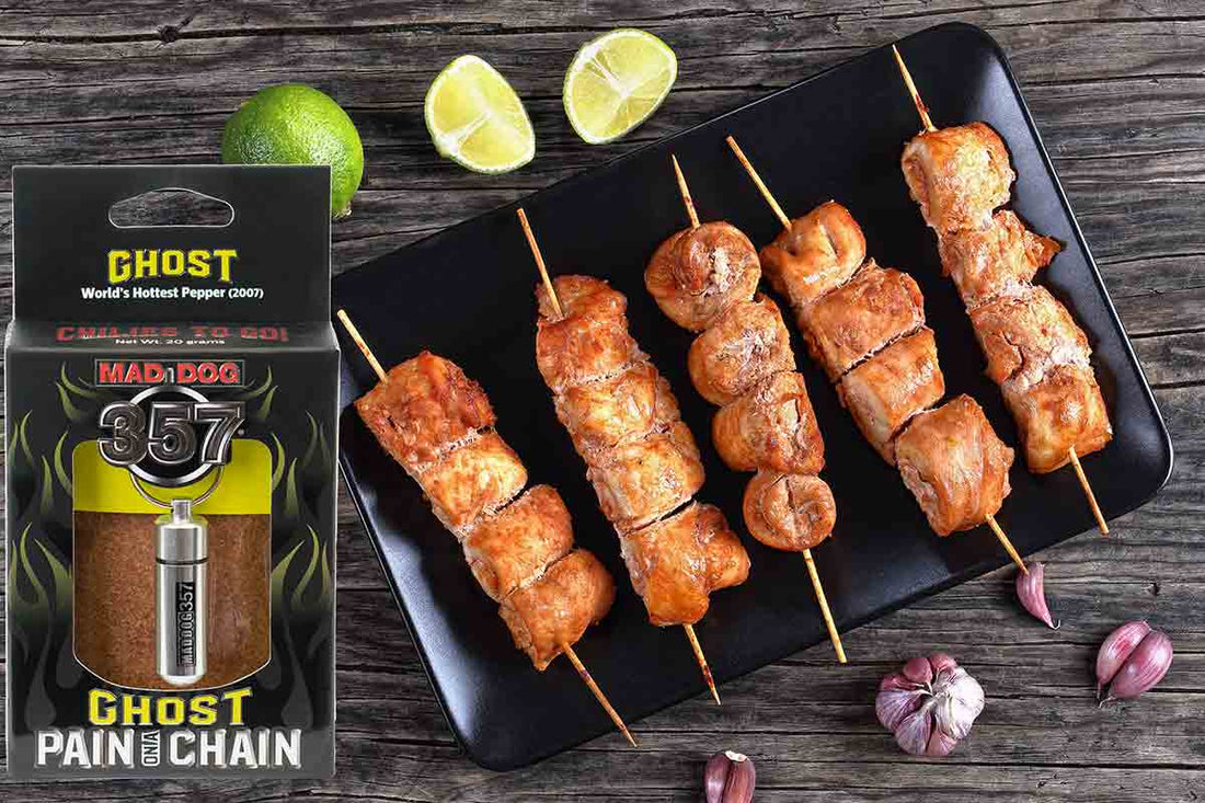 Mad Dog 357 Pain on a Chain Ghost  BBQ Chicken Skewers