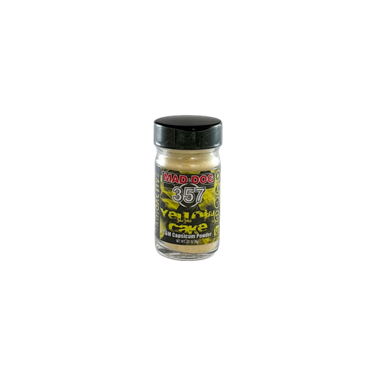 Mad Dog 357 Yellow Cake Capsicum Powder, front of jar