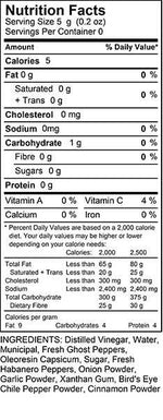 Mad Dog 357 Ghost Pepper Hot Sauce Nutritional info 