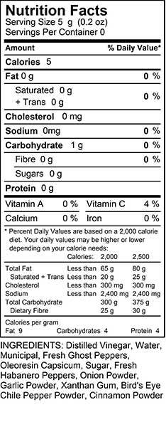 Mad Dog 357 Ghost Pepper Hot Sauce Nutritional info 
